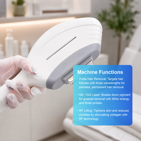 Máquina láser para depilación + eliminación de tatuajes + lifting facial por radiofrecuencia