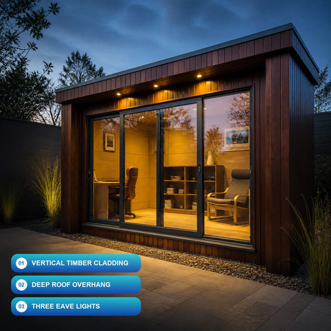 Asteron Sauna Capsule House exterior cladding roof overhang and eave lights