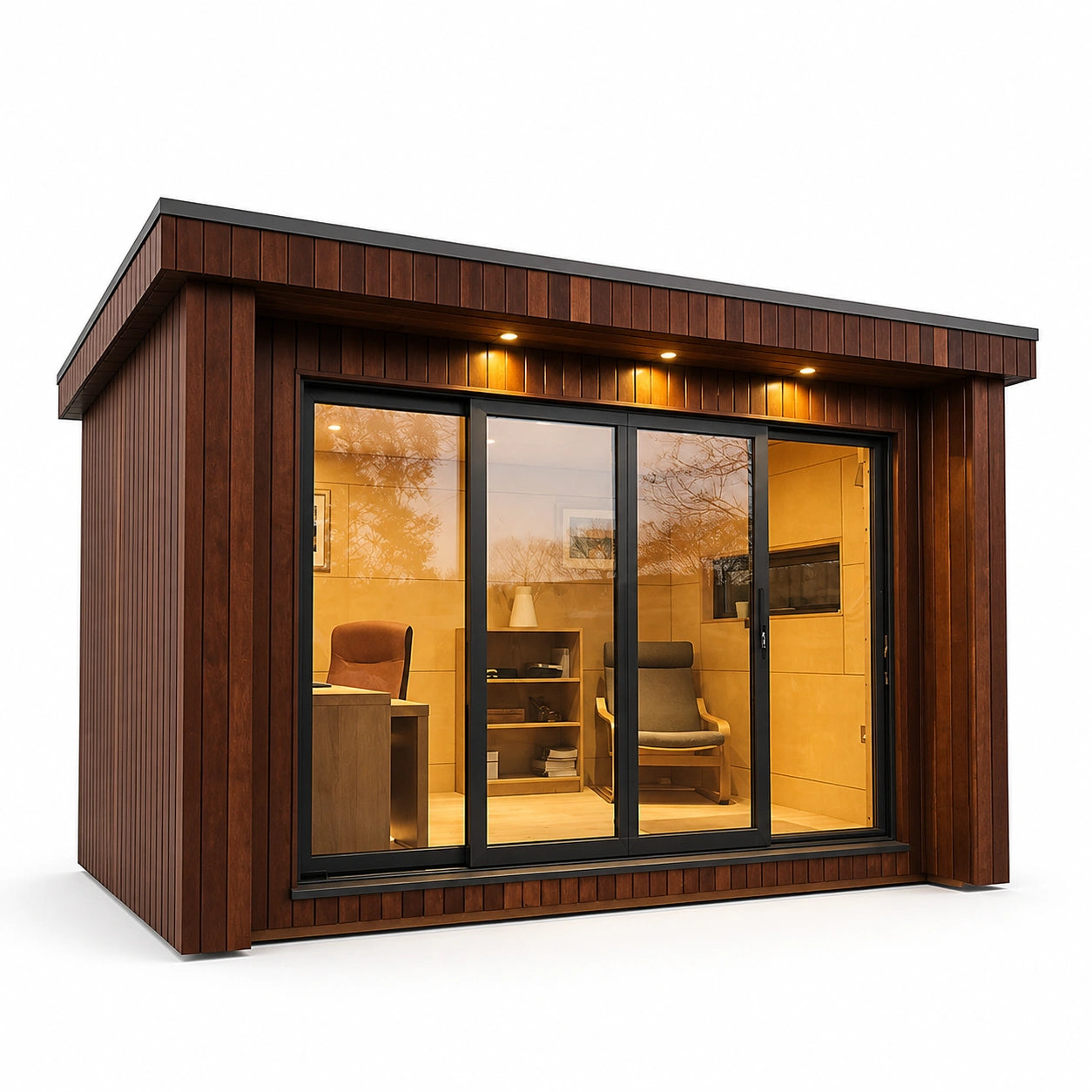Asteron Sauna Capsule House front exterior with panoramic glass doors