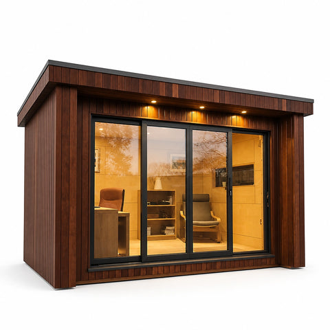 Asteron Sauna Capsule House front exterior with panoramic glass doors