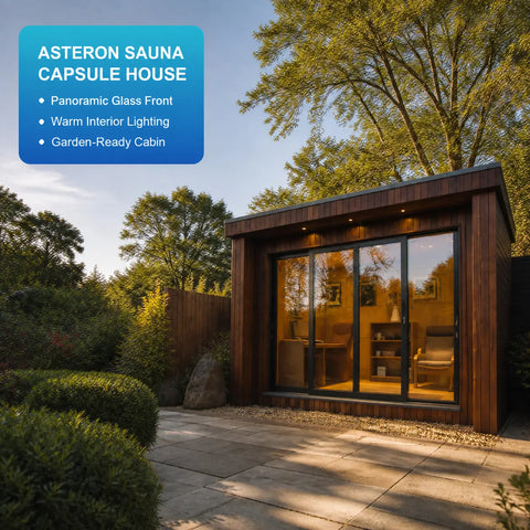 Asteron Sauna Capsule House in a landscaped garden setting