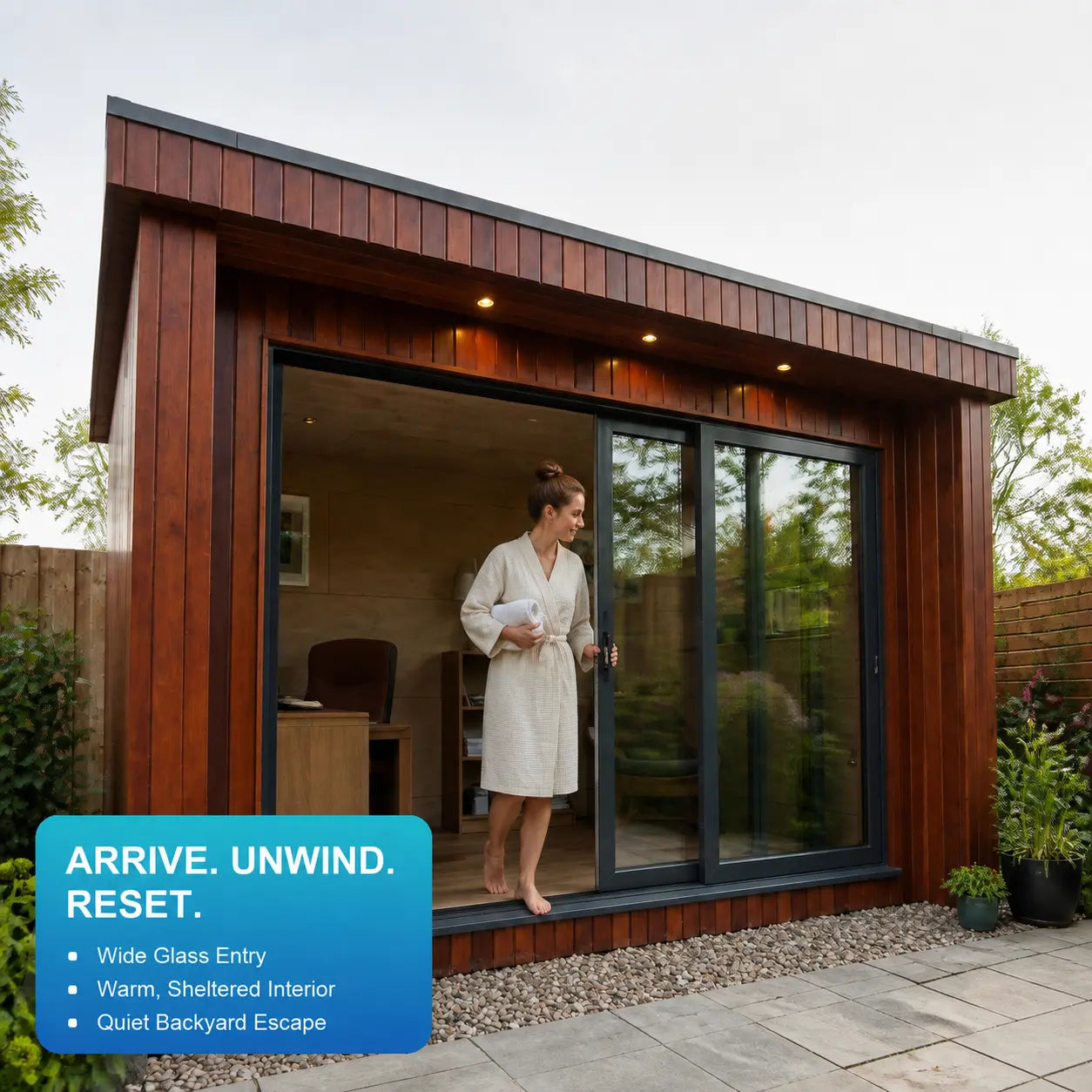 Asteron Sauna Capsule House lifestyle view with wide glass entry