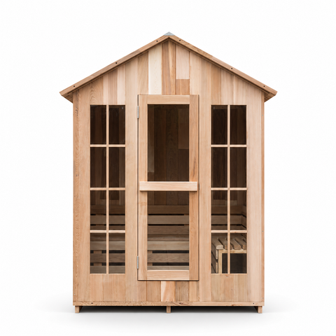Cedriva Outdoor Sauna Cabin front view with glass door and side windows