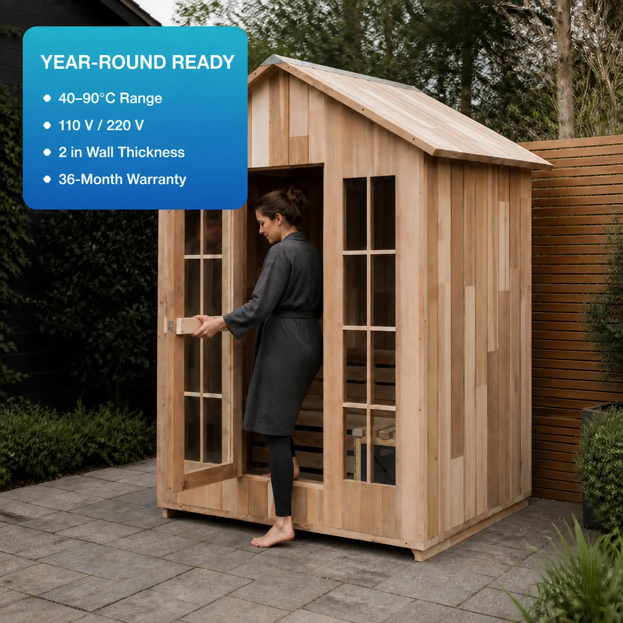 Guest entering the Cedriva Outdoor Sauna Cabin