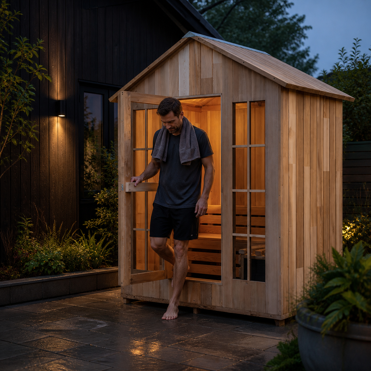 Guest stepping out of the Cedriva Outdoor Sauna Cabin