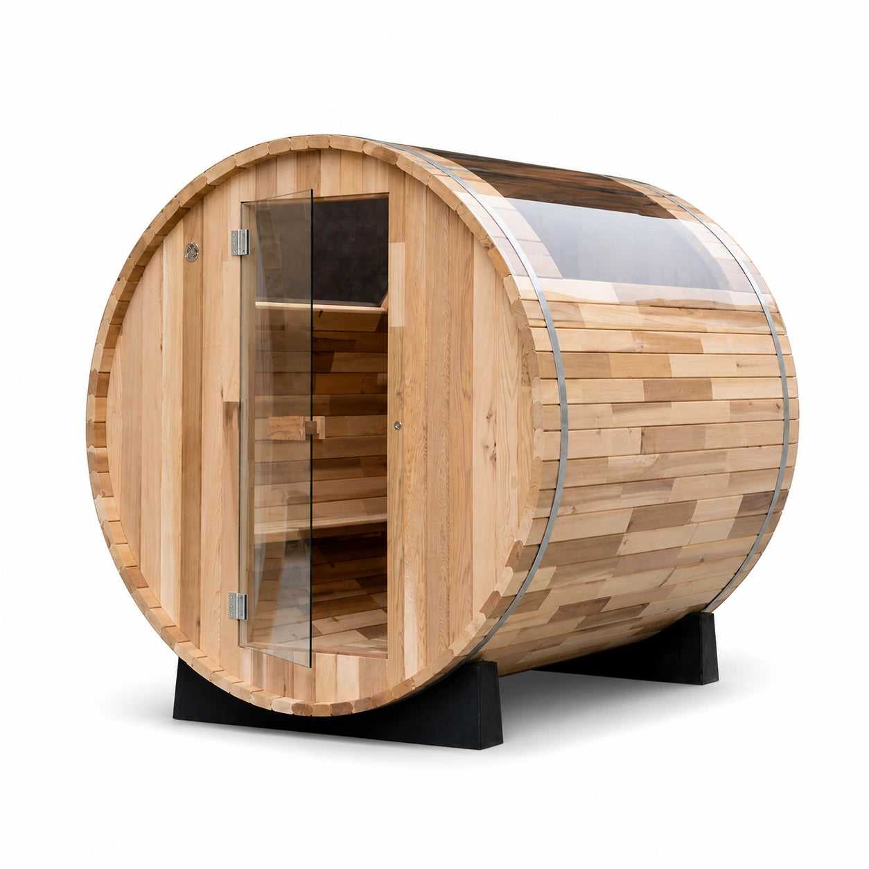 Celestava Panoramic Barrel Sauna angled view showing glass sunroof