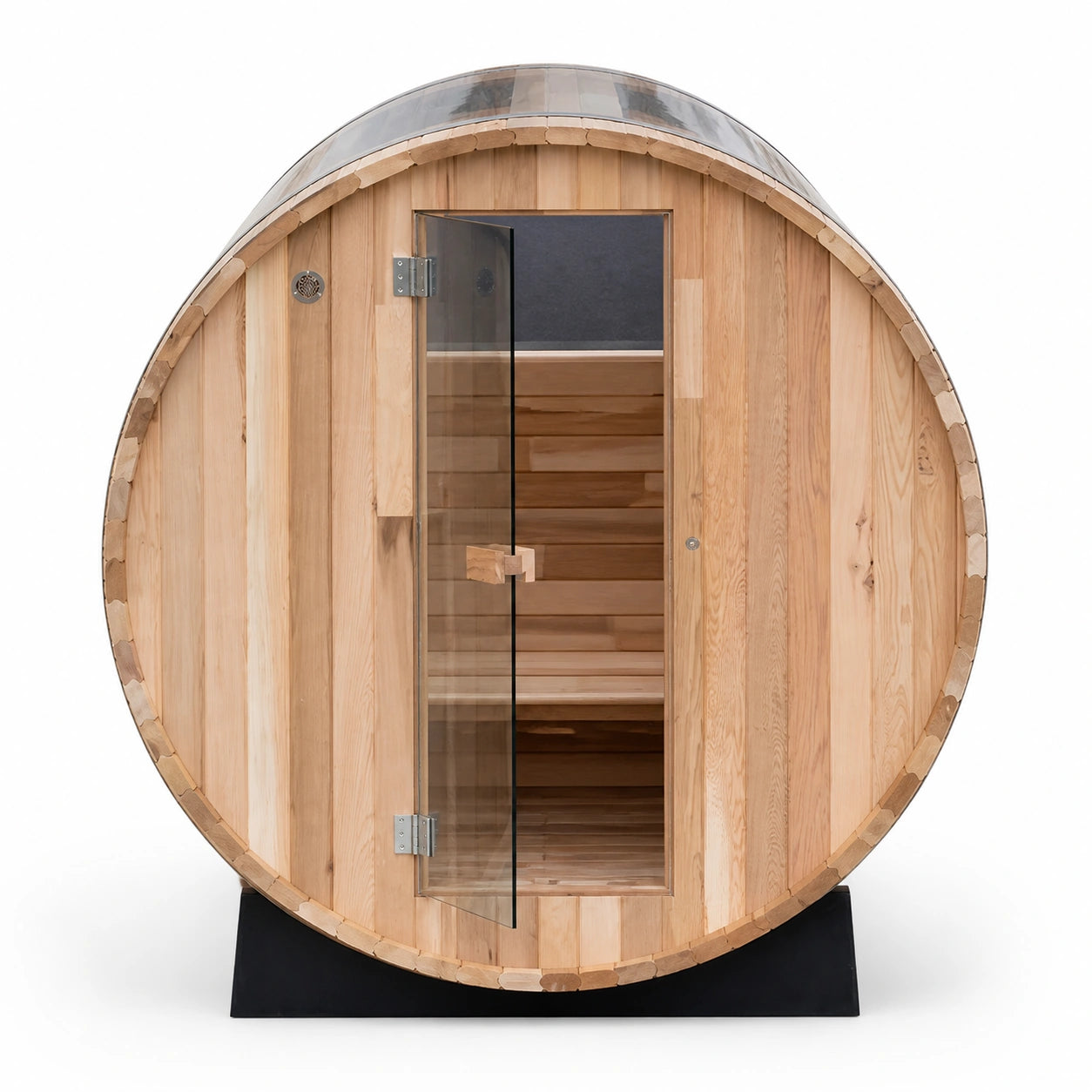 Celestava Panoramic Barrel Sauna front view with glass door