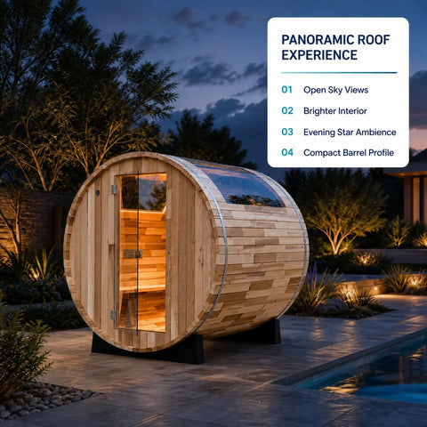 Celestava Panoramic Barrel Sauna beside an outdoor pool at dusk