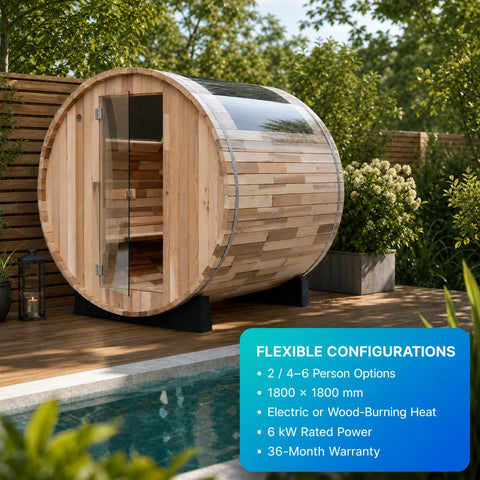 Celestava Panoramic Barrel Sauna in a garden setting