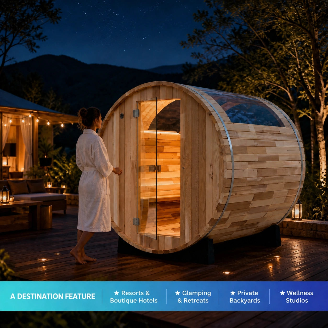 Celestava Panoramic Barrel Sauna at night with a guest