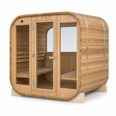 Clariwood Glass Outdoor Sauna angled exterior with rounded corners