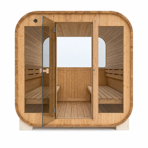 Clariwood Glass Outdoor Sauna front view showing glass and opposing benches
