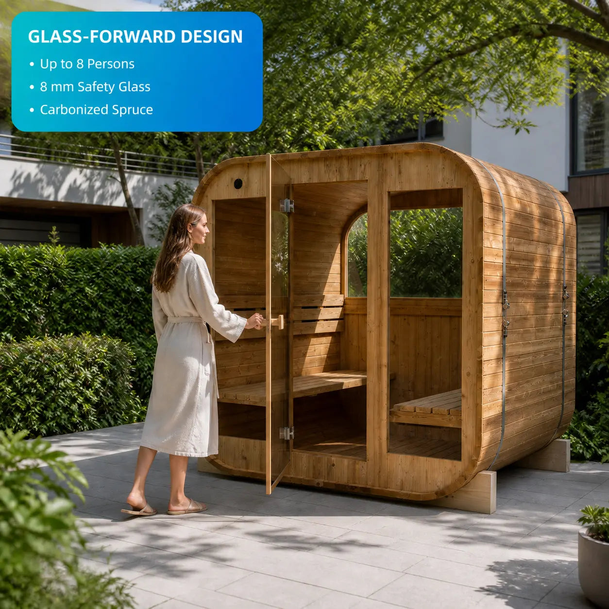 Clariwood Glass Outdoor Sauna in a garden with a guest