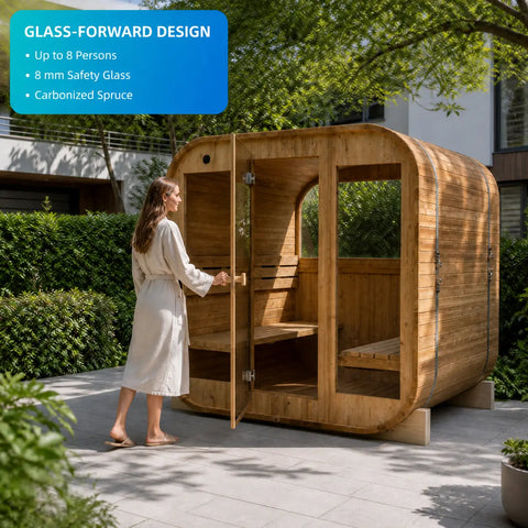 Clariwood Glass Outdoor Sauna in a garden with a guest