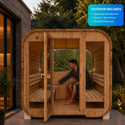 Clariwood Glass Outdoor Sauna front view at dusk