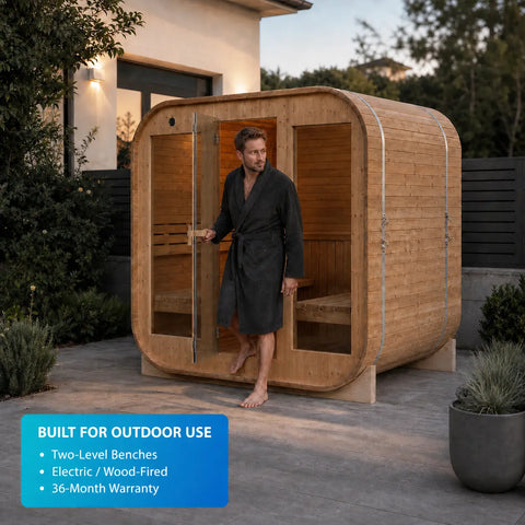 Guest exiting the Clariwood Glass Outdoor Sauna