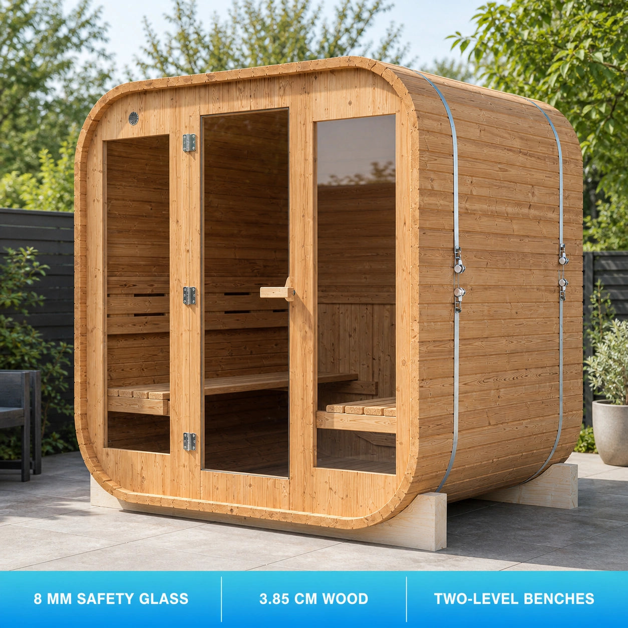 Clariwood Glass Outdoor Sauna on an outdoor patio