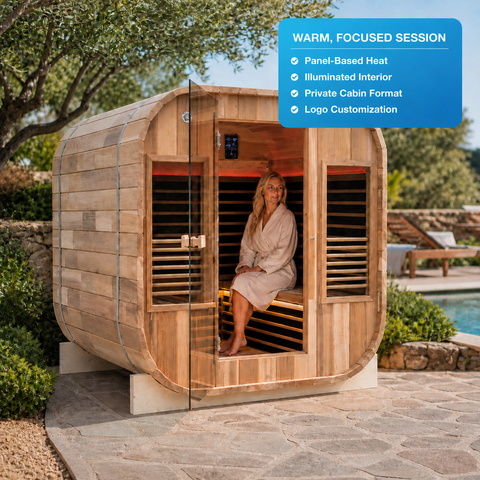 Rubriva Red Light Infrared Sauna Cabin — lifestyle view with a person
