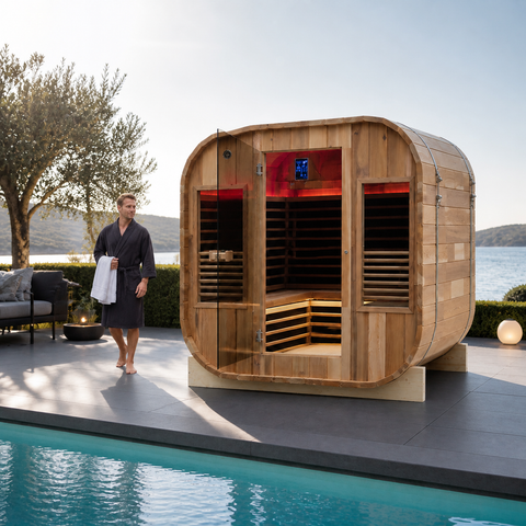 Rubriva Red Light Infrared Sauna Cabin — lifestyle view with a person