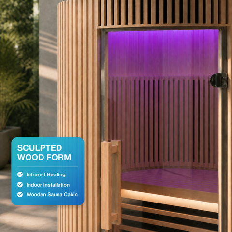 Solvane Luxury Indoor Infrared Sauna Cabin — lifestyle view with a person