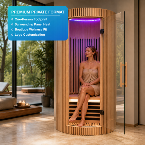 Solvane Luxury Indoor Infrared Sauna Cabin — lifestyle view with a person