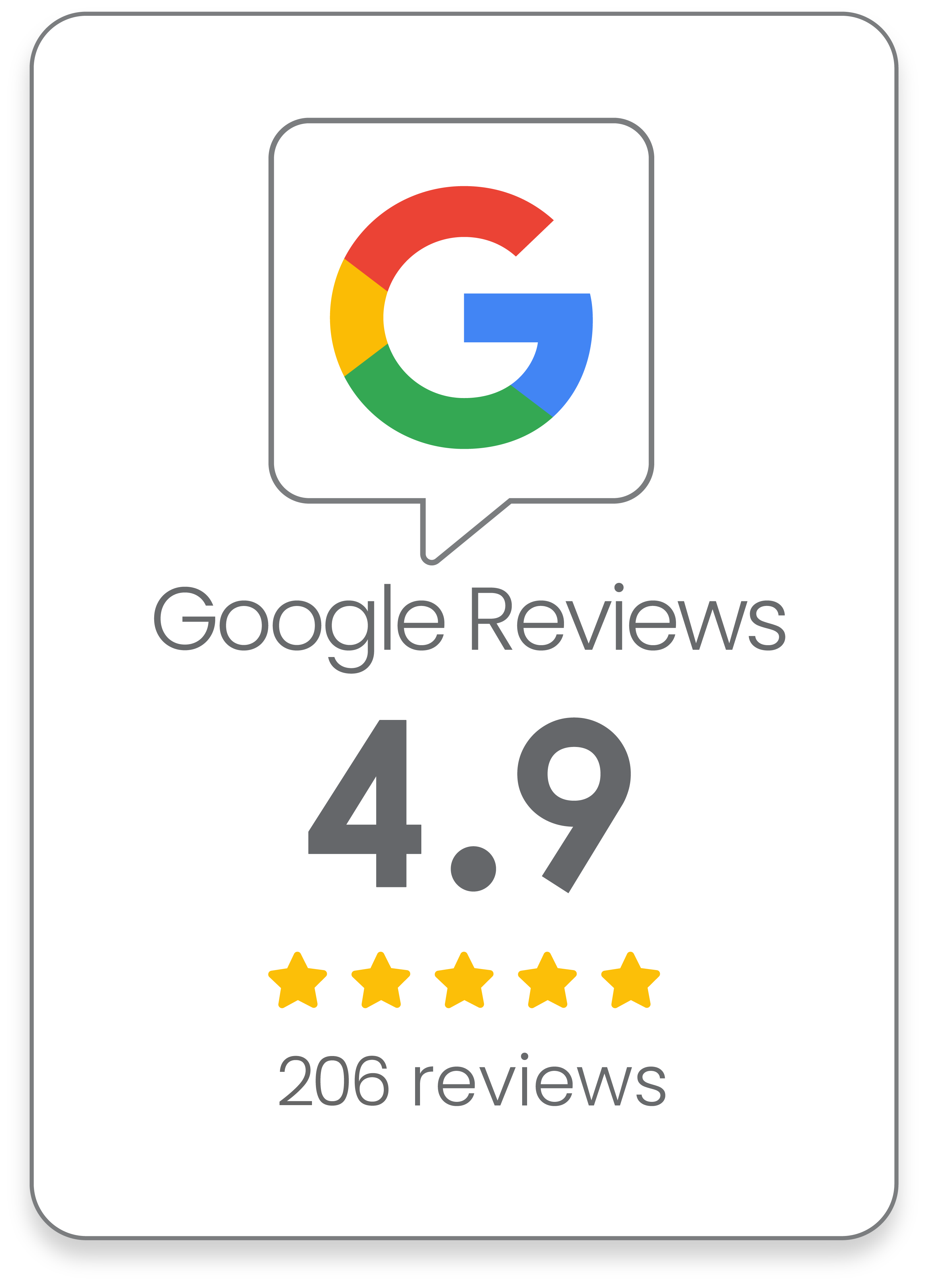 View Google Reviews: rated 4.9 out of 5 from 206 reviews